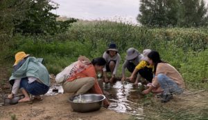 A group of volunteers sit around an irrigation canal washing vegetables at an eco-farm in Inner Mongolia, northwest China