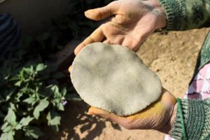 Close up of someone holding a roti pancake in their hands