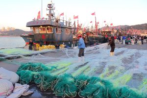 Fishermen stretch large net on quay